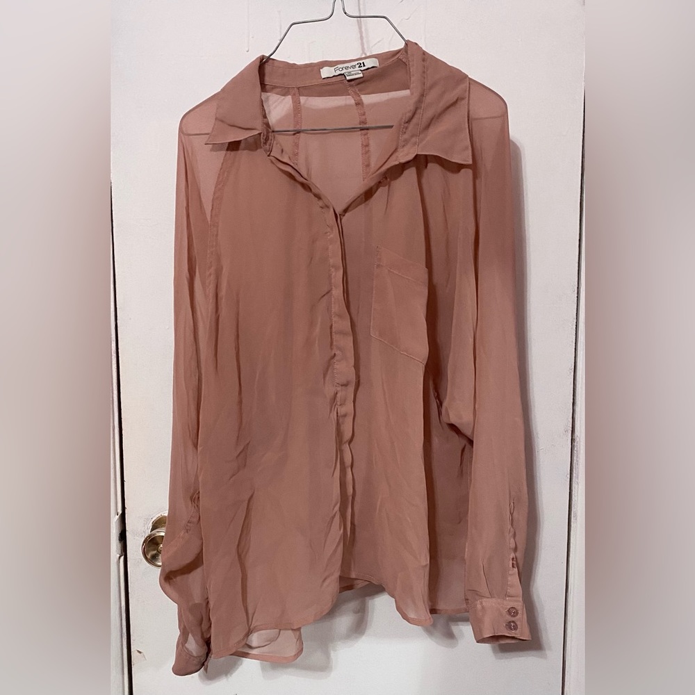2000s FOREVER 21 mesh see through dusty rose pink blush button up